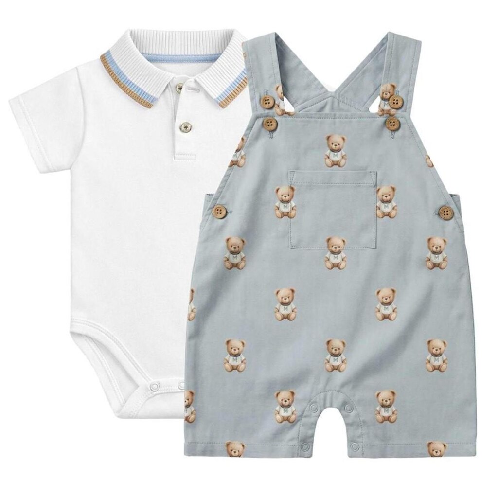 Conjunto Body e Jardineira Milon Urso Bear Branco e Azul