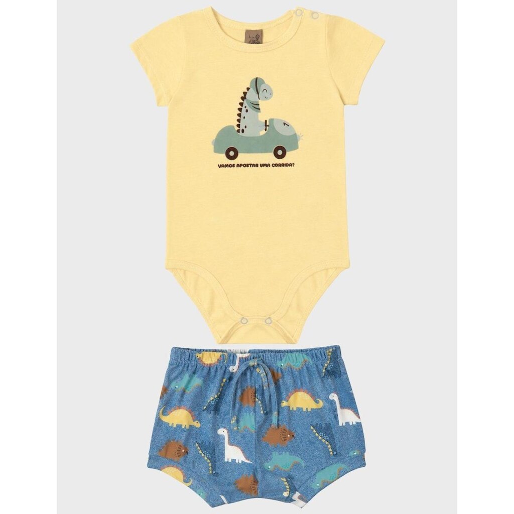 Conjunto Body Estampa Verão Dinossauro Manga Curta Fresca Com Bermuda Estilo Dino Bebê Menino P a GG
