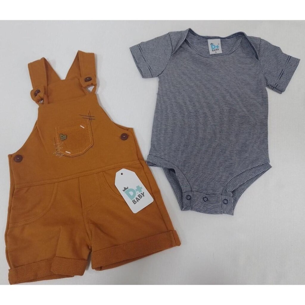 Conjunto Body + Jardineira Bebê Menino Verão D+ Baby 60238 - Caramelo - GG ( 12 - 18 MESES )