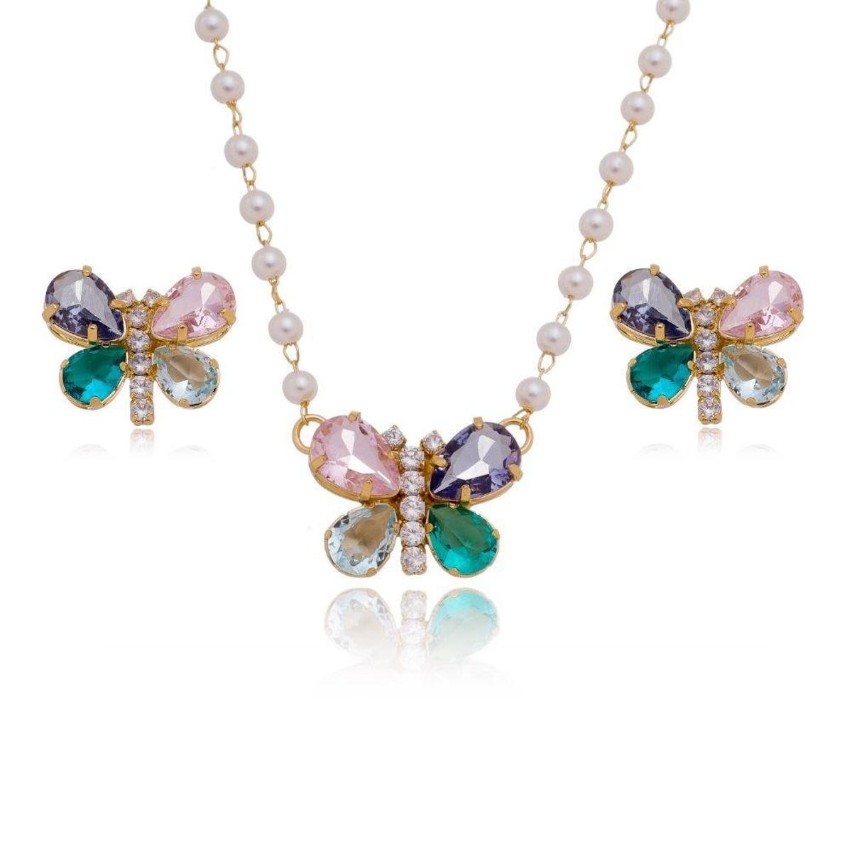 Conjunto Brinco e Colar 45 cm Banhado a Ouro 18k Pérolas - Dourado Menor preço em Conjunto Brinco e Colar 45 cm Banhado a Ouro 18k Pérolas - Dourado