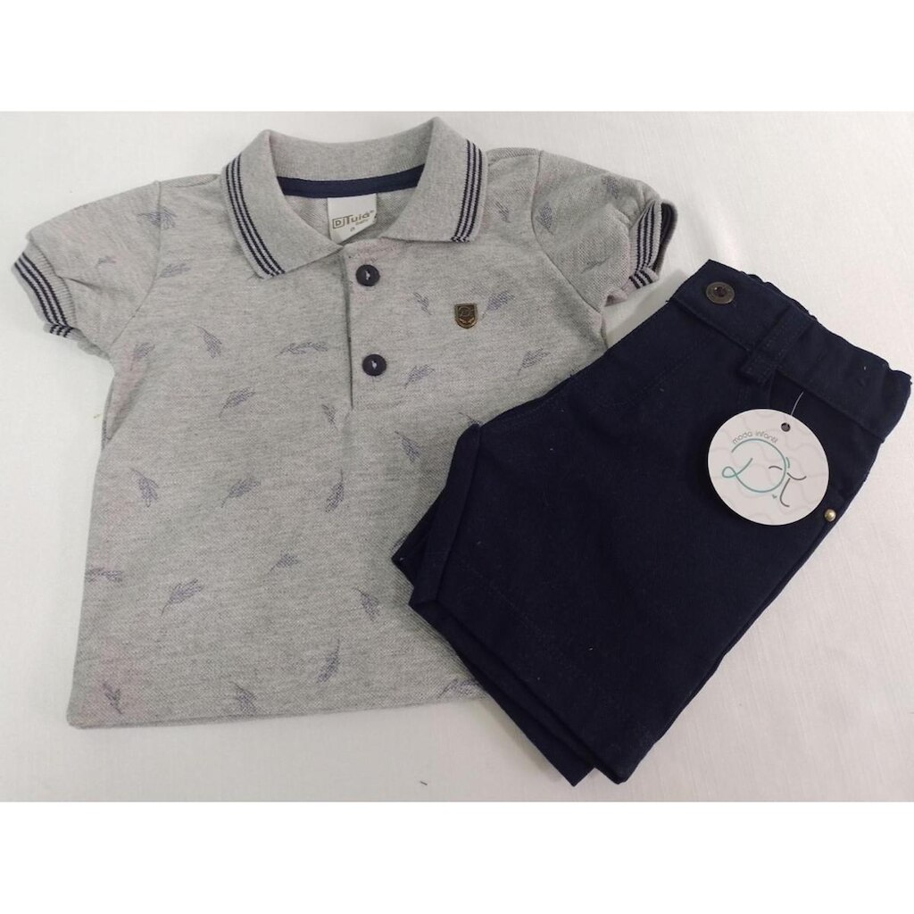 Conjunto Camisa Bermuda Luxo Bebê Menino Verão D+ Baby 2346 - Marinho - G ( 9 - 12 MESES )