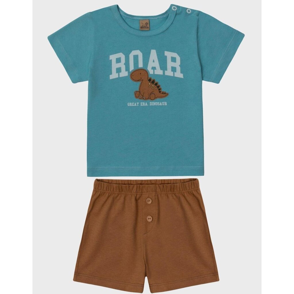 Conjunto Camisa Dinossauro Gola Canoa Botões De Pressão Manga Curta Com Bermuda Bebê Menino P a GG