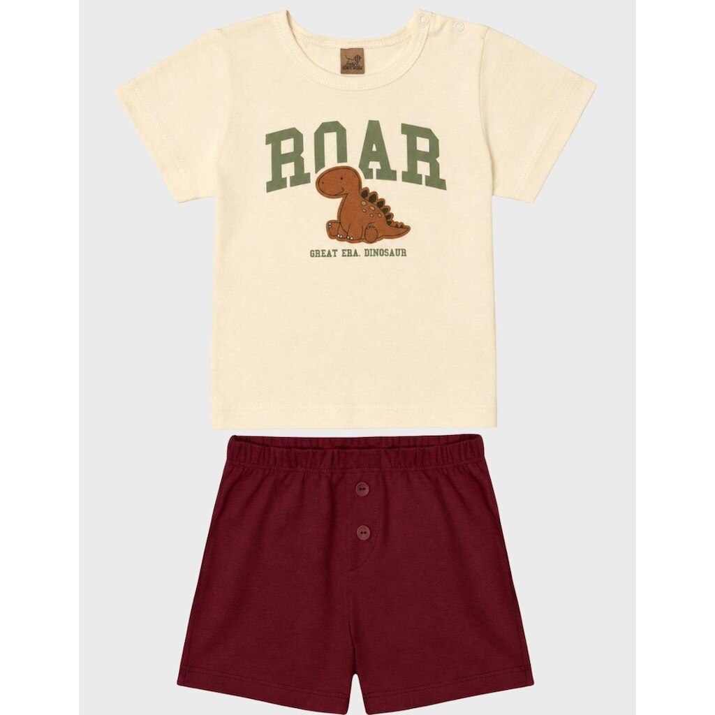 Conjunto Camisa Dinossauro Gola Canoa Botões De Pressão Manga Curta Com Bermuda Bebê Menino P a GG