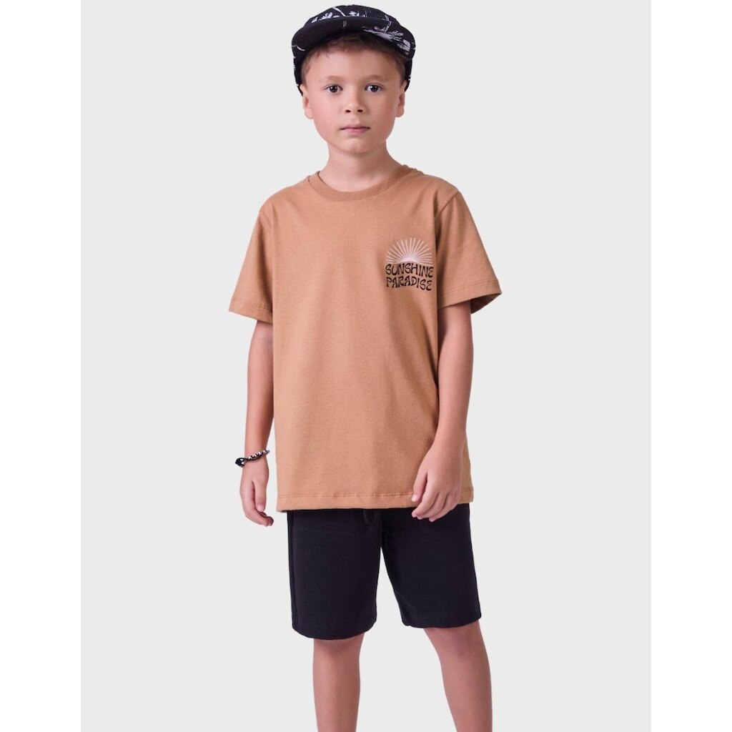 Conjunto Camisa Estampada Malha Aveludada Com Bermuda Estilo Moletinho Efeito Tricot Menino 4 a 14