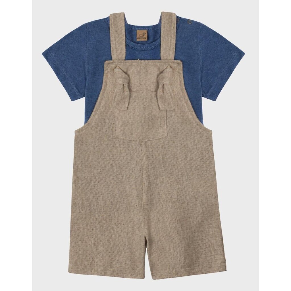 Conjunto Camisa Gola Canoa Moda Verão Com Jardineira Tecido Luxo Alfaitaria Bebê Menino P a GG