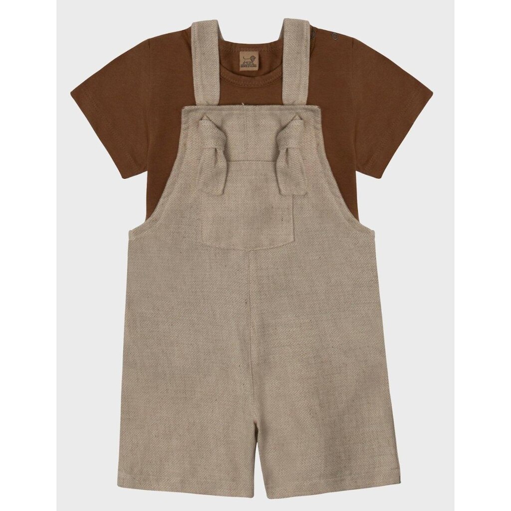 Conjunto Camisa Gola Canoa Moda Verão Com Jardineira Tecido Luxo Alfaitaria Bebê Menino P a GG