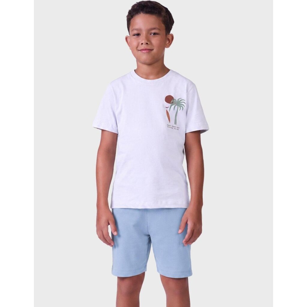 Conjunto Camisa Gola Redonda Estampa Estilo tropical Com Bermuda Moletinho Confortável Menino 4 a 14