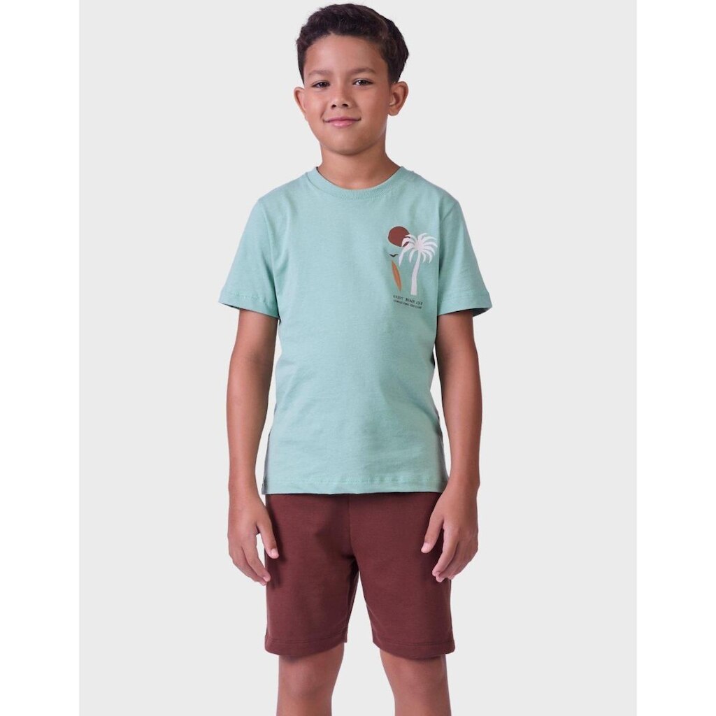Conjunto Camisa Gola Redonda Estampa Estilo tropical Com Bermuda Moletinho Confortável Menino 4 a 14