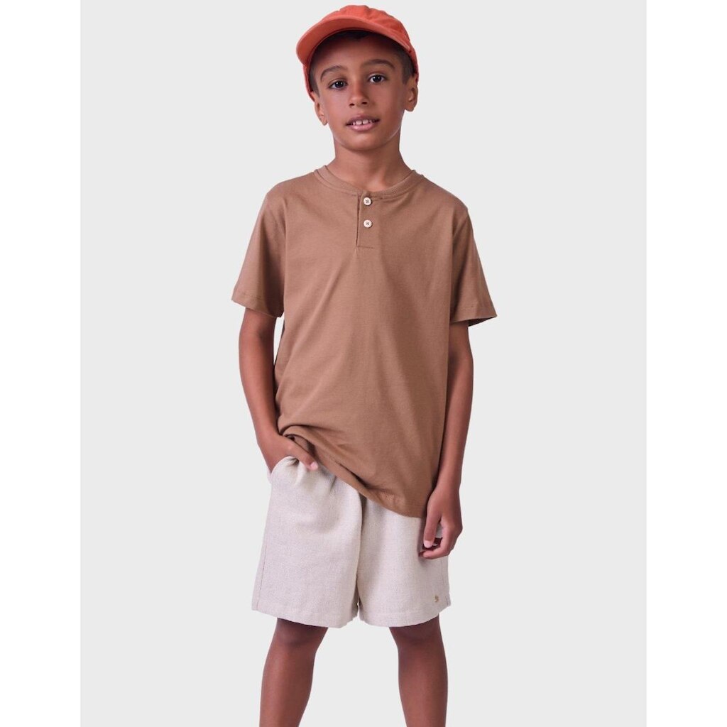 Conjunto Camisa Moda Verão Gola Canoa Meia Malha Com Bermuda Estilo Tecido Alfaiataria Menino 4 a 14