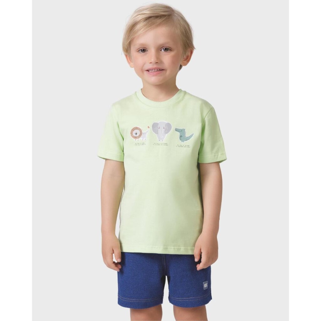 Conjunto camiseta animais bermuda verão aventura leve divertido - Verde e Azul - Menino 1 a 4 anos