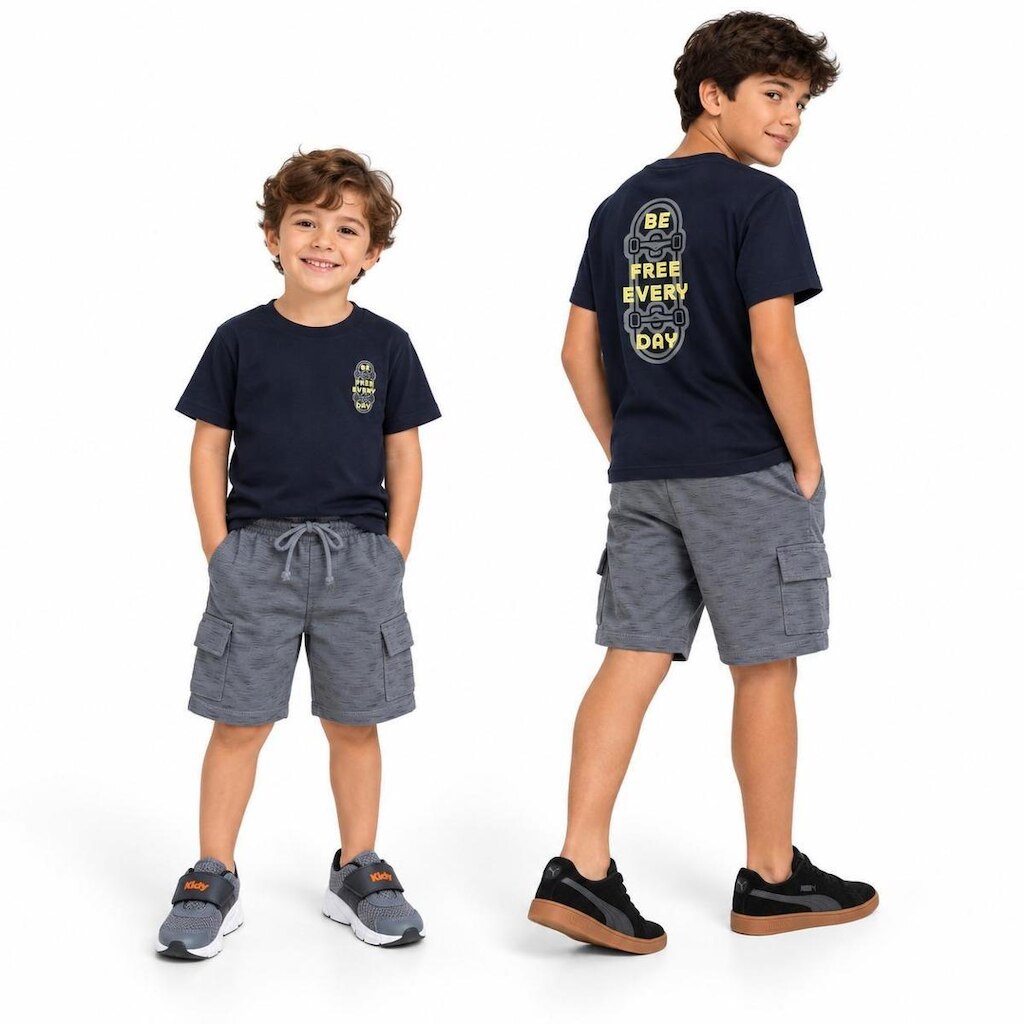 Conjunto camiseta Be Free Ever Day e bermuda moletinho Have Fun