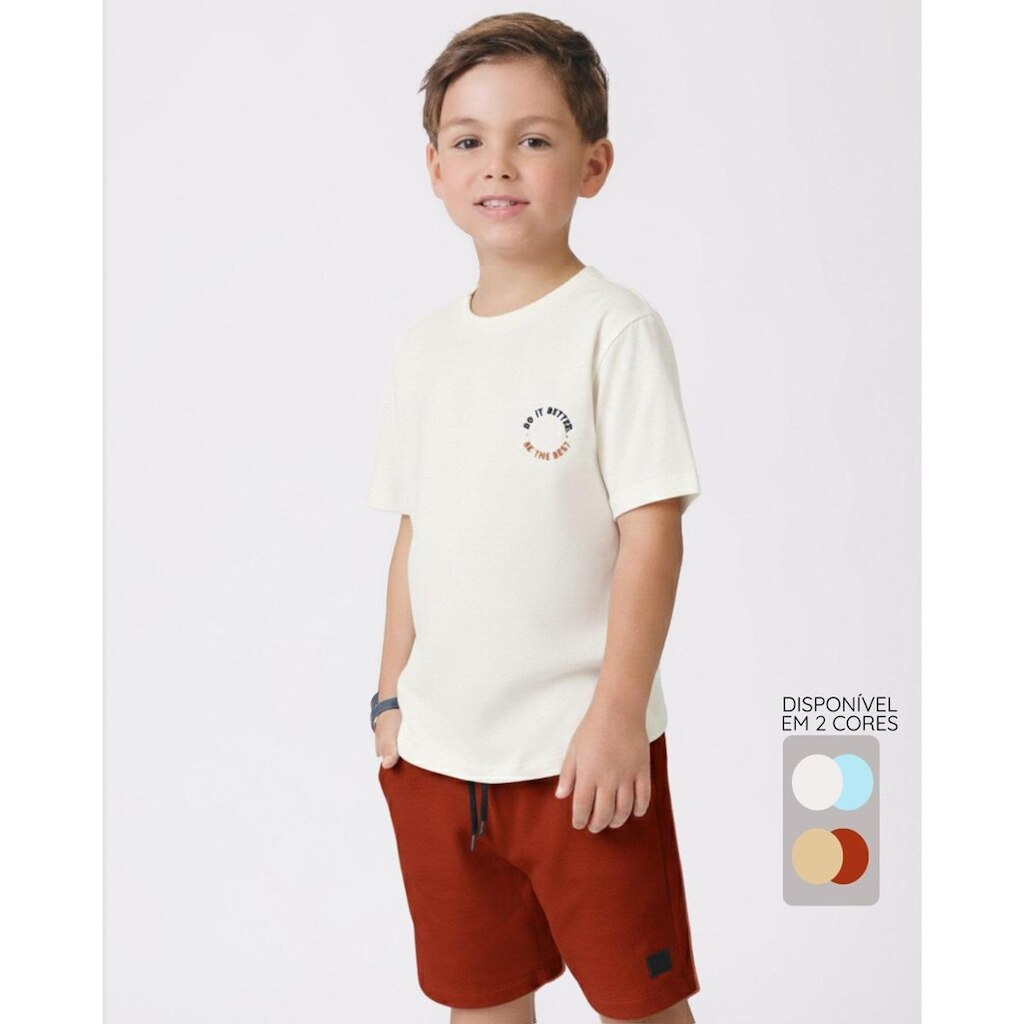 Conjunto camiseta bermuda moletinho verão confortável leve - Verde e Ferrugem - Menino 4 a 14 anos