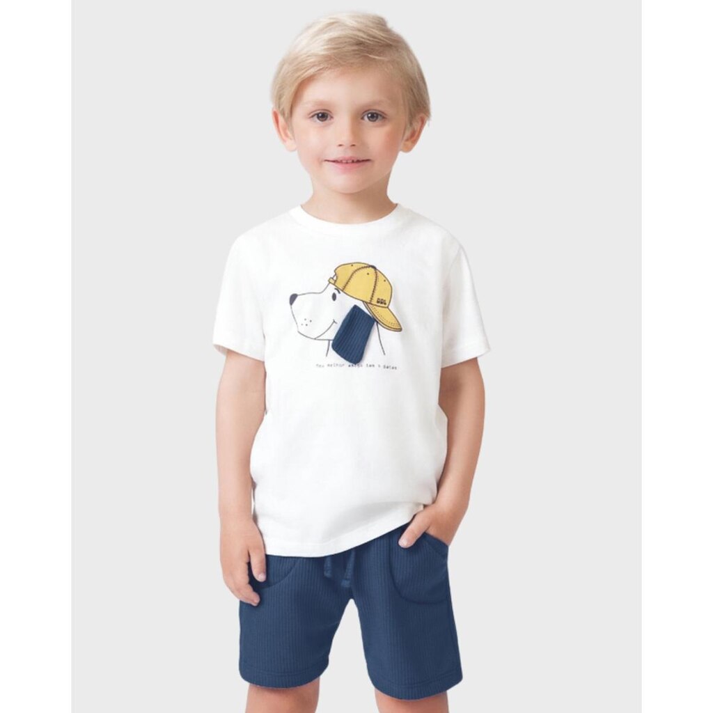 Conjunto camiseta cachorrinho bermuda Aurora verão fofo e leve - Marrom e Azul - Menino 1 a 4 anos