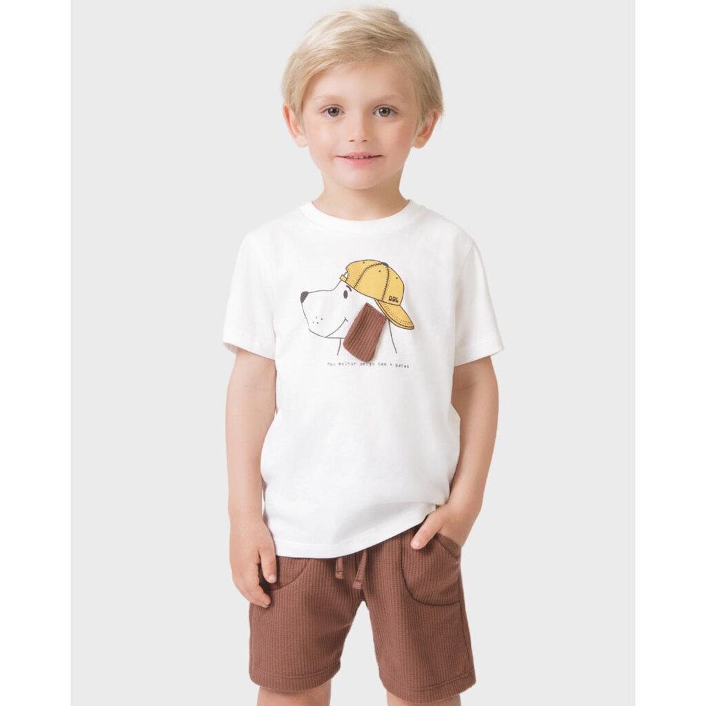 Conjunto camiseta cachorrinho bermuda Aurora verão fofo e leve - Marrom e Azul - Menino 1 a 4 anos