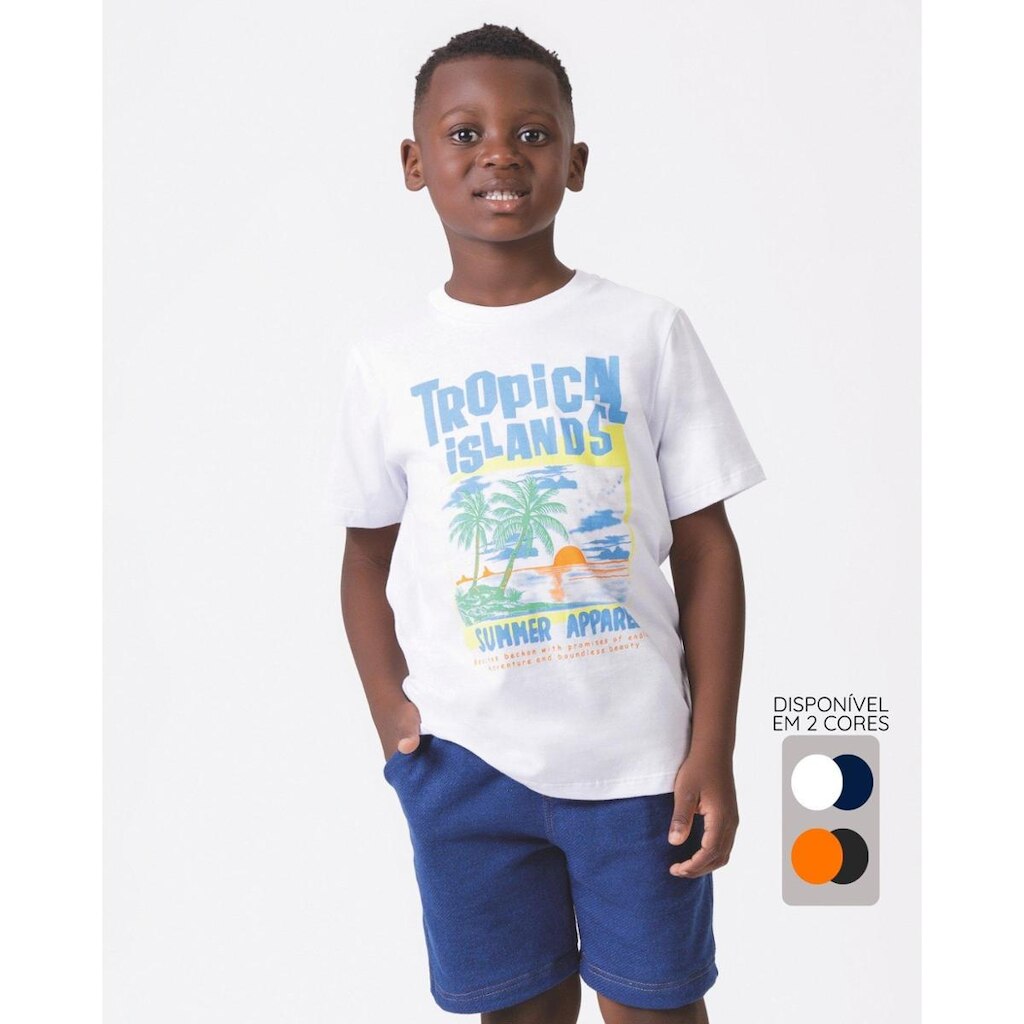 Conjunto camiseta estampada bermuda verão leve casual - Branco e Laranaja - Menino 4 a 14 anos