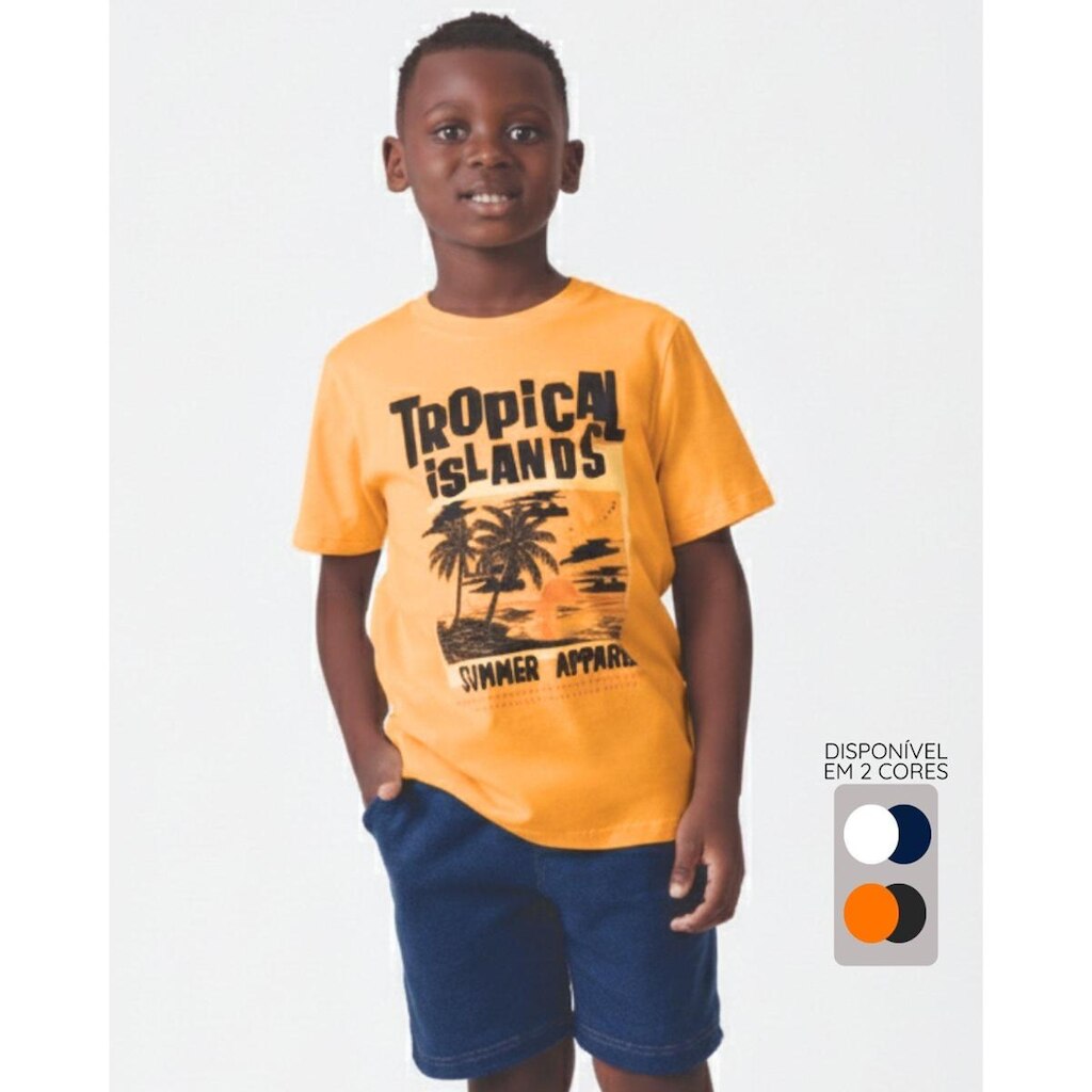 Conjunto camiseta estampada bermuda verão leve casual - Branco e Laranaja - Menino 4 a 14 anos