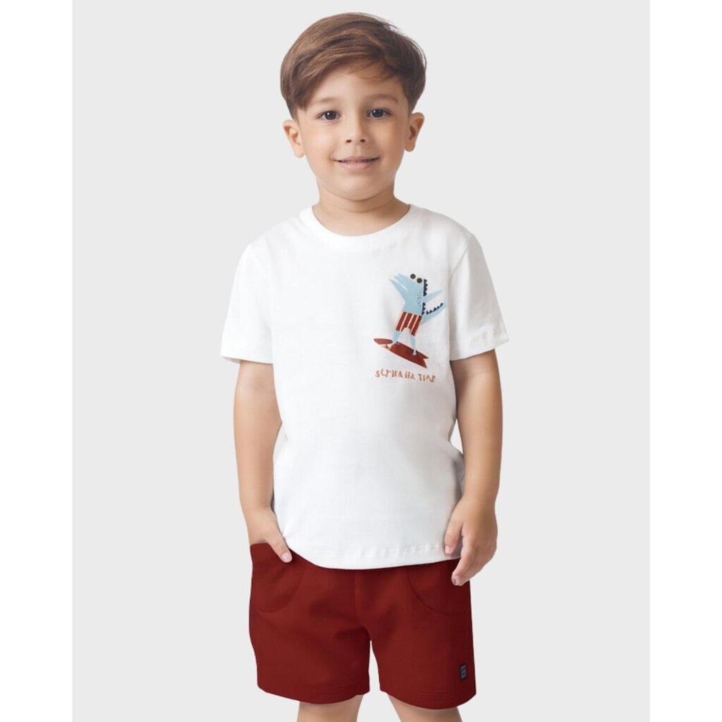 Conjunto camiseta jacaré bermuda moletinho verão divertido - Verde e Ferrugem - Menino 1 a 4 anos