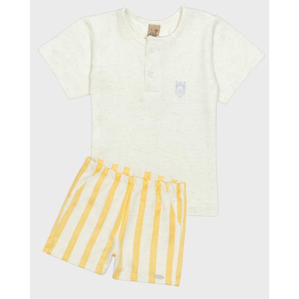 Conjunto camiseta leão bordado bermuda estilo safari verão - Azul e Creme - Bebê 3 a 18 meses