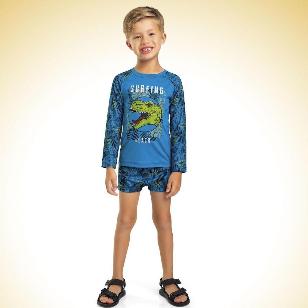 Conjunto Camiseta Mangas Longas e Sunga Boxer Proteção UV 50+ Dinossauro Tam 4 a 10 - Fakini