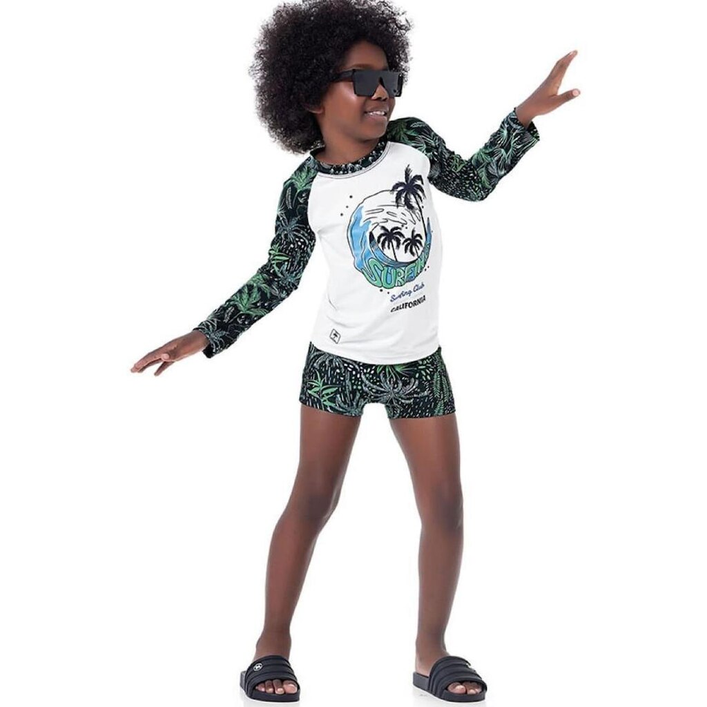 Conjunto Camiseta Mangas Longas e Sunga Boxer Proteção UV 50+ Tropical Tam 4 a 12 - Fakini