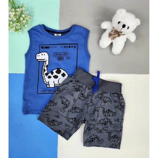 Conjunto Camiseta Regata Infantil Dino Pixel e Bermuda