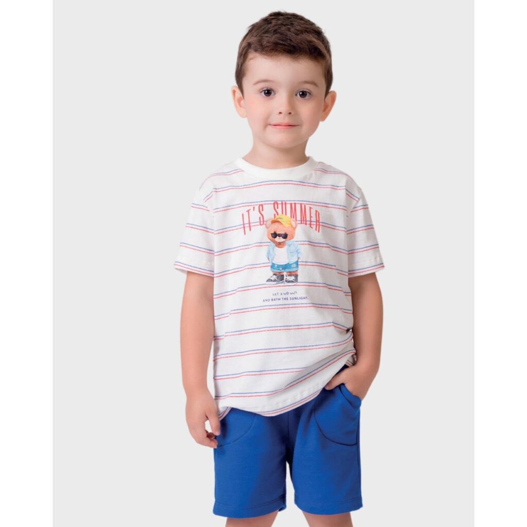 Conjunto camiseta urso bermuda moletinho verão estiloso - Vermelho e Verde - Menino 1 a 4 anos