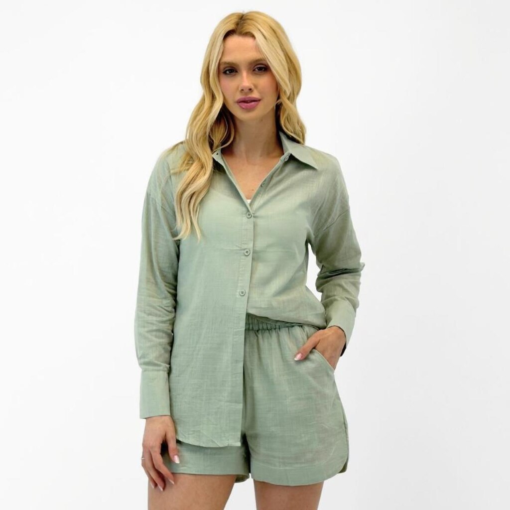Conjunto Charm Lady em Tecido com Camisa Manga Longa e Shorts Feminino