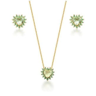 Conjunto Colar Brinco Coração Cristais Verde Peridoto Semijoia