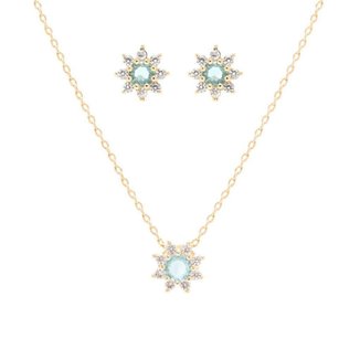 Conjunto Colar Brinco Cristal Água Marinha Zircônia Semijoia