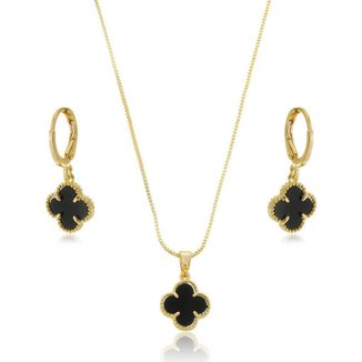 Conjunto Colar Brinco Trevo Verde Preto ou Madrepérola Semijoia Cor:Madrepérola