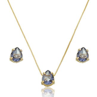 Conjunto Colar e Brinco Cristal Gota Semijoia Banho:Banhado a prata;Cor:Azul Topázio;Tamanho:Único