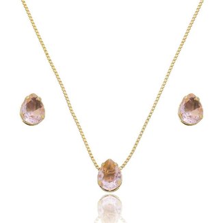 Conjunto Colar e Brinco Cristal Gotinha Semijoia Banho:Banho Prata;Cor:Verde Esmeralda;Tamanho:Único