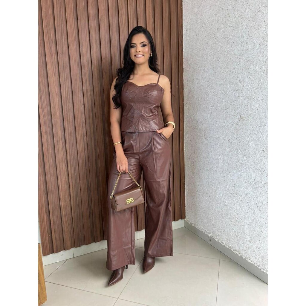 Conjunto Courino Blusa Alça Cm Bojo Calça Pantalona ComCinto