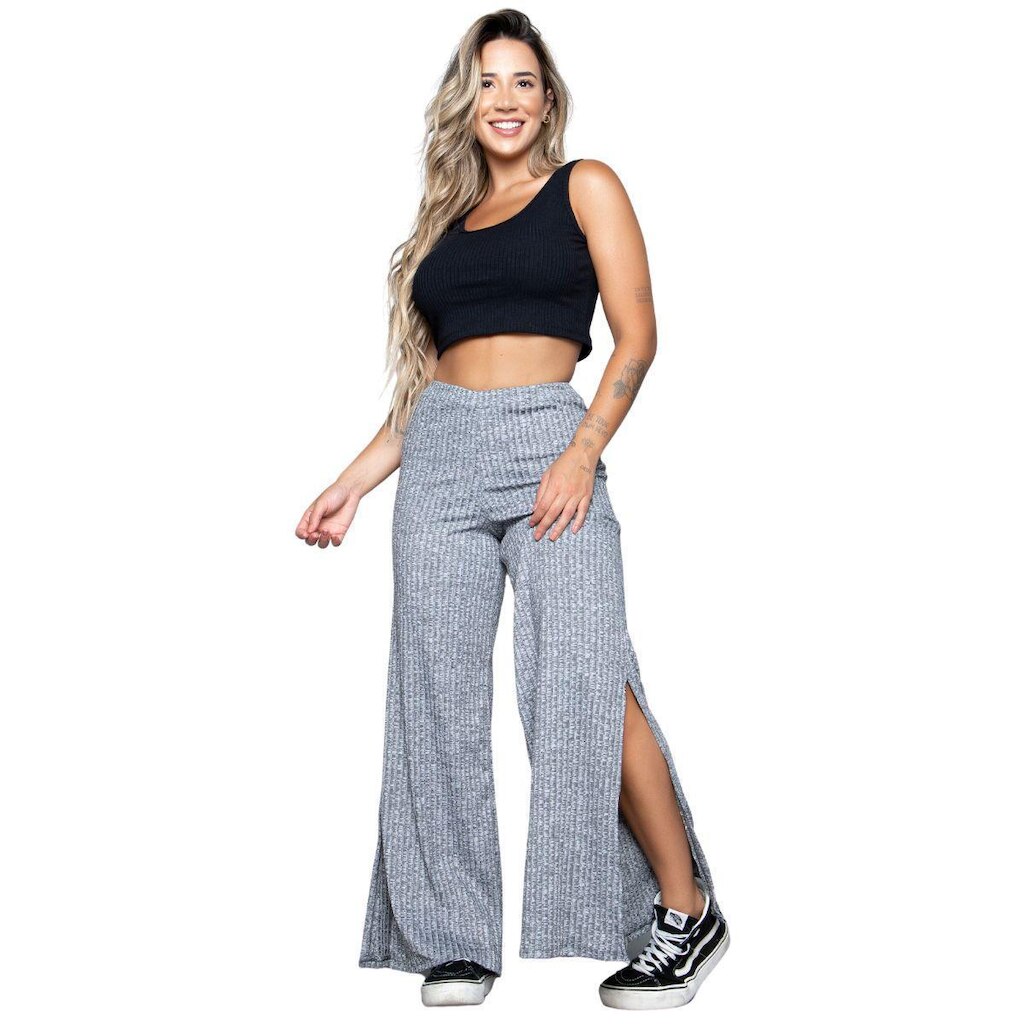 Conjunto Cropped Canelado + Calça Pantalona Com Fenda Canelada