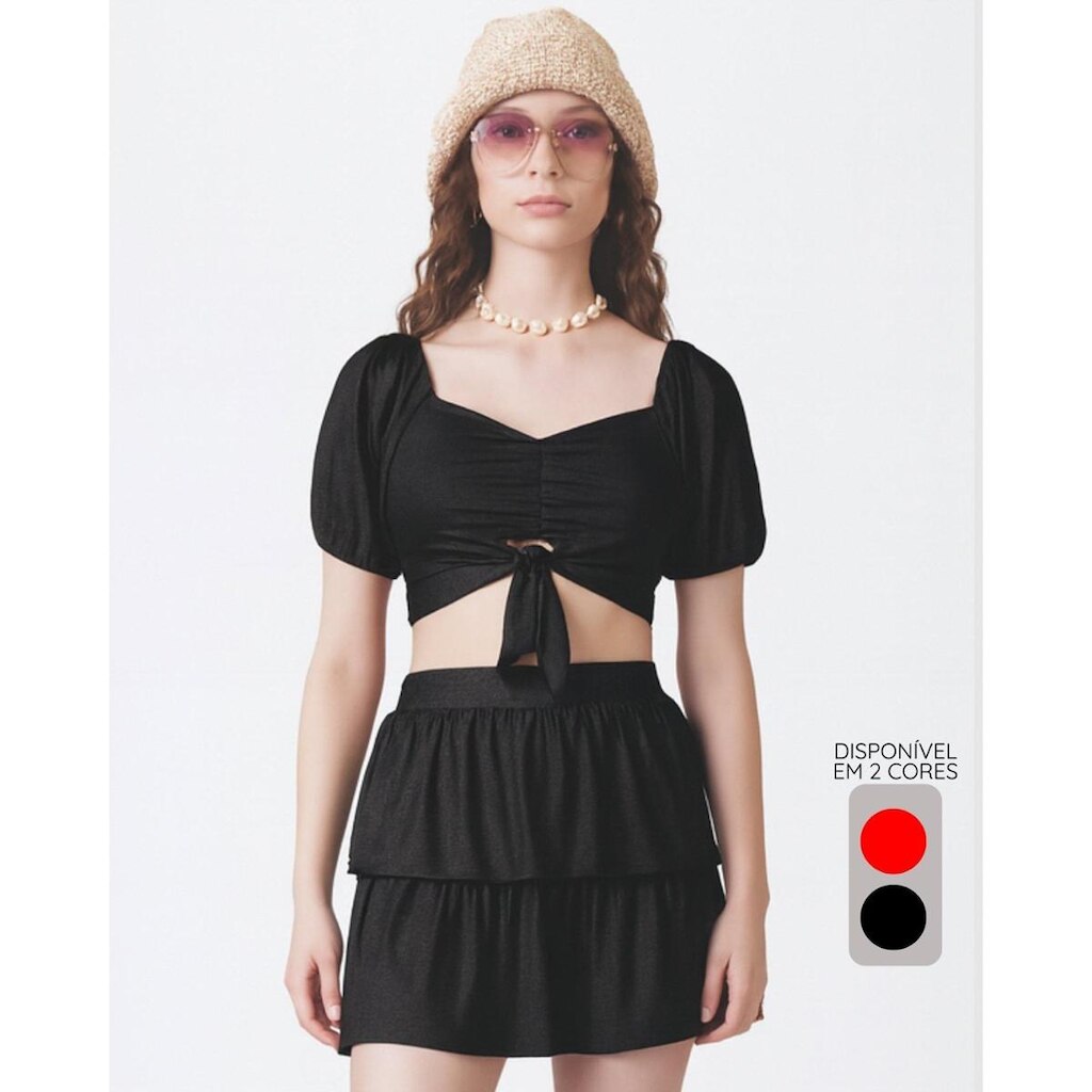 Conjunto cropped e saia babados verão moderno estiloso - Vermelho e Preto - Feminino 12 a 18 anos