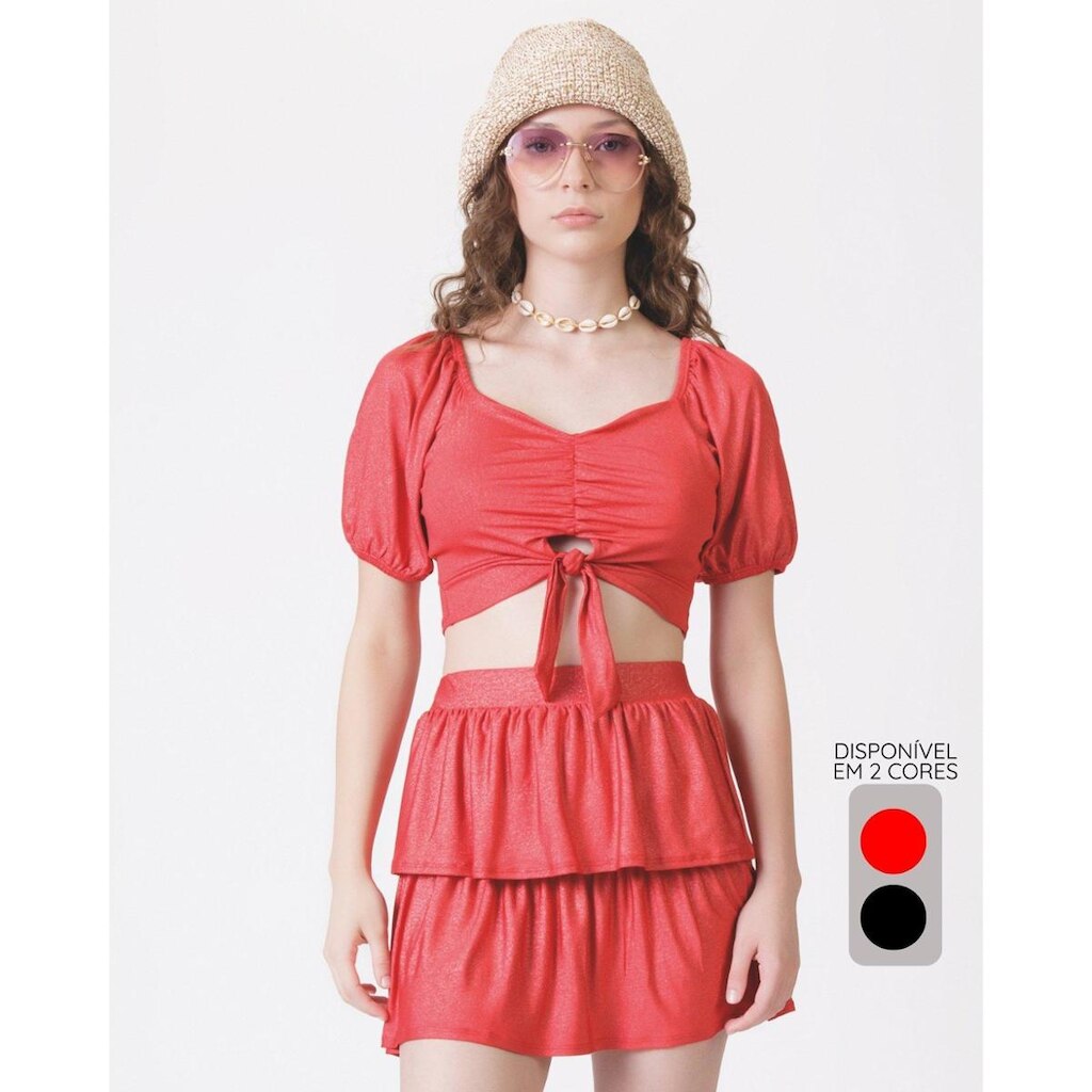 Conjunto cropped e saia babados verão moderno estiloso - Vermelho e Preto - Feminino 12 a 18 anos
