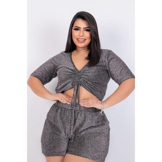 Conjunto Cropped e shorts Plus Size em Brilho Lurex