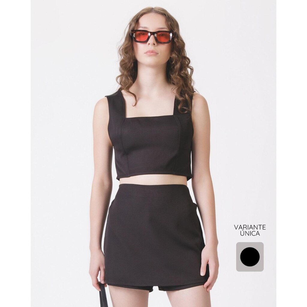 Conjunto cropped e shorts saia alfaiataria verão elegante estiloso - Preto - Feminino 12 a 18 anos