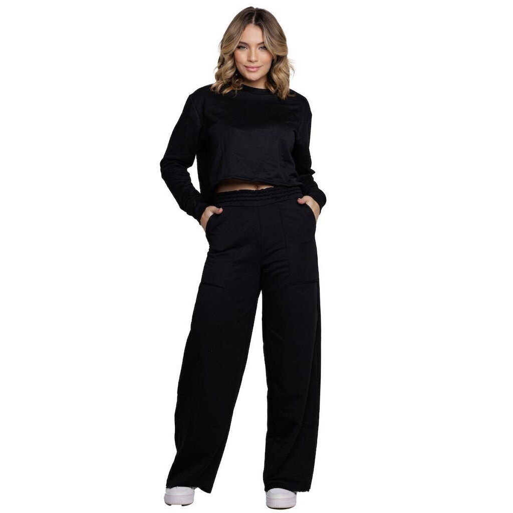 Conjunto Cropped Manga Longa + Calça Wide Leg Bella Fiore Blusa Moletinho Flare Pantalona Casual
