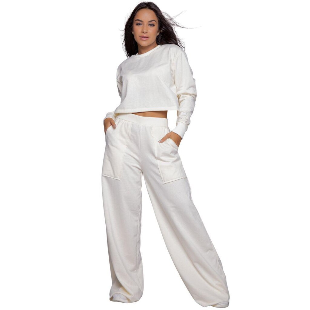 Conjunto Cropped Manga Longa + Calça Wide Leg Bella Fiore Blusa Moletinho Flare Pantalona Casual