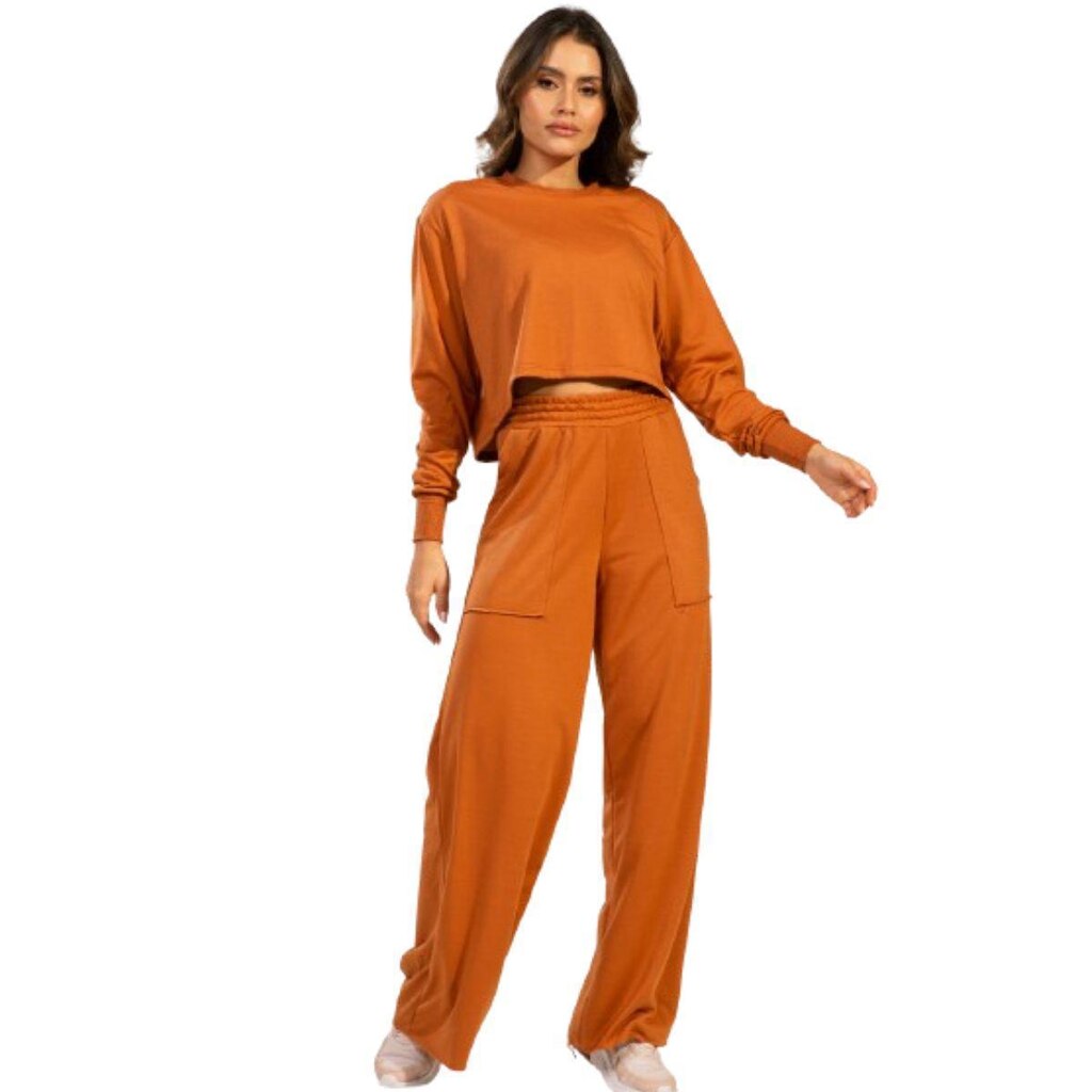 Conjunto Cropped Manga Longa + Calça Wide Leg Bella Fiore Blusa Moletinho Flare Pantalona Casual