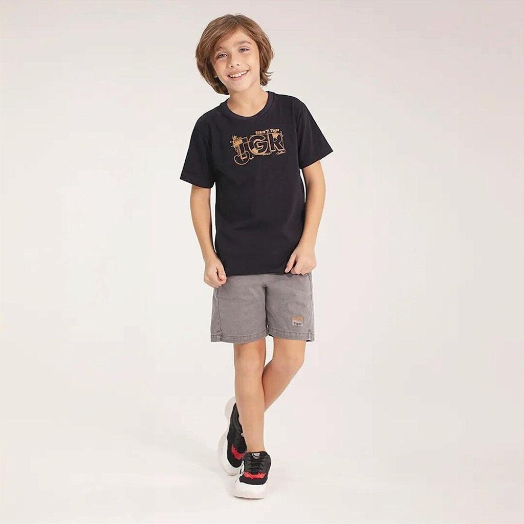 Conjunto Curto Tigor T Tigre Camiseta Bermuda Bordado Preto