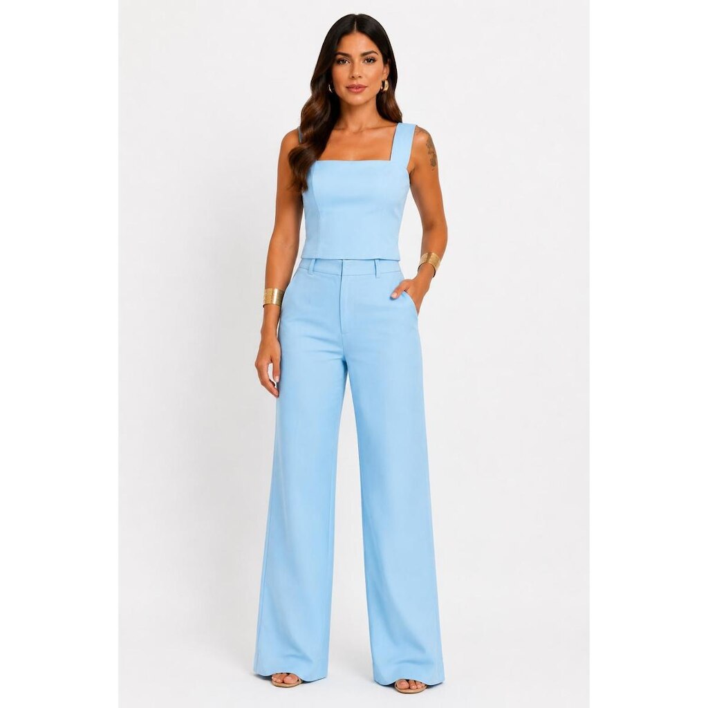 Conjunto D Bell Outlet Fashion Cropped e Calça Azul Bebê