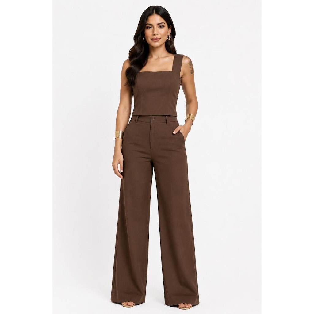Conjunto D Bell Outlet Fashion Cropped e Calça Marrom