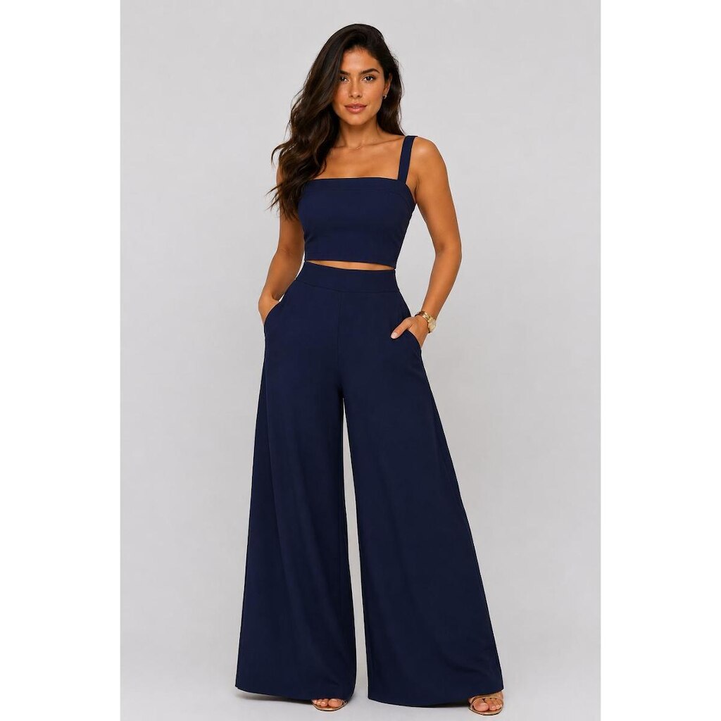 Conjunto D Bell Outlet Fashion Cropped e Calça Pantalona Azul Marinho