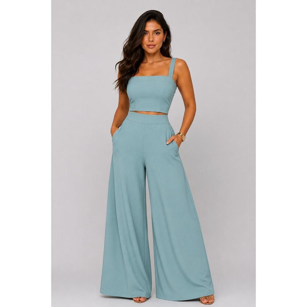 Conjunto D Bell Outlet Fashion Cropped e Calça Pantalona Verde Água