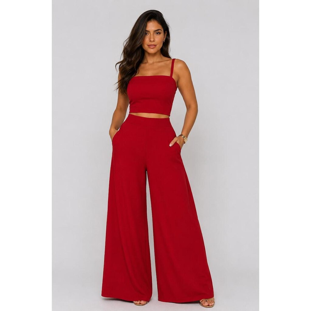 Conjunto D Bell Outlet Fashion Cropped e Calça Pantalona Vermelho