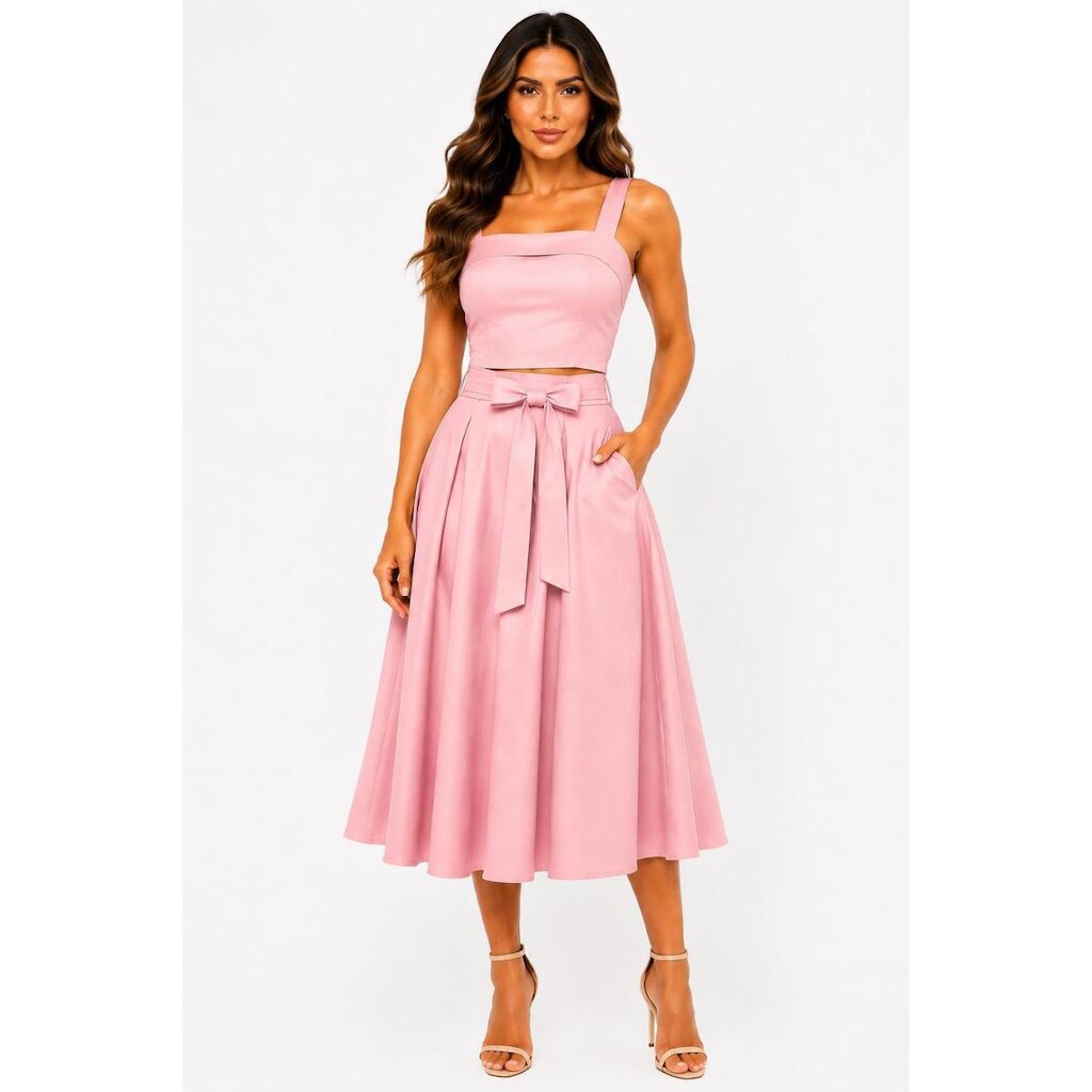 Conjunto D Bell Outlet Fashion Cropped e Saia Midi Rosa