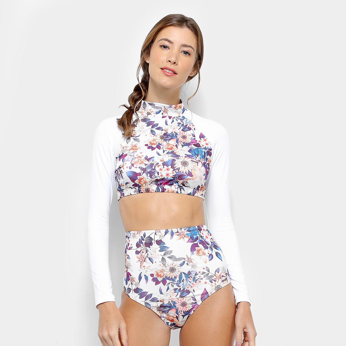 Conjunto de Bíquini Hang Loose Estampa Floral Hot Pant + Cropped Manga Longa - Branco Menor preço em Conjunto de Bíquini Hang Loose Estampa Floral Hot Pant + Cropped Manga Longa - Branco