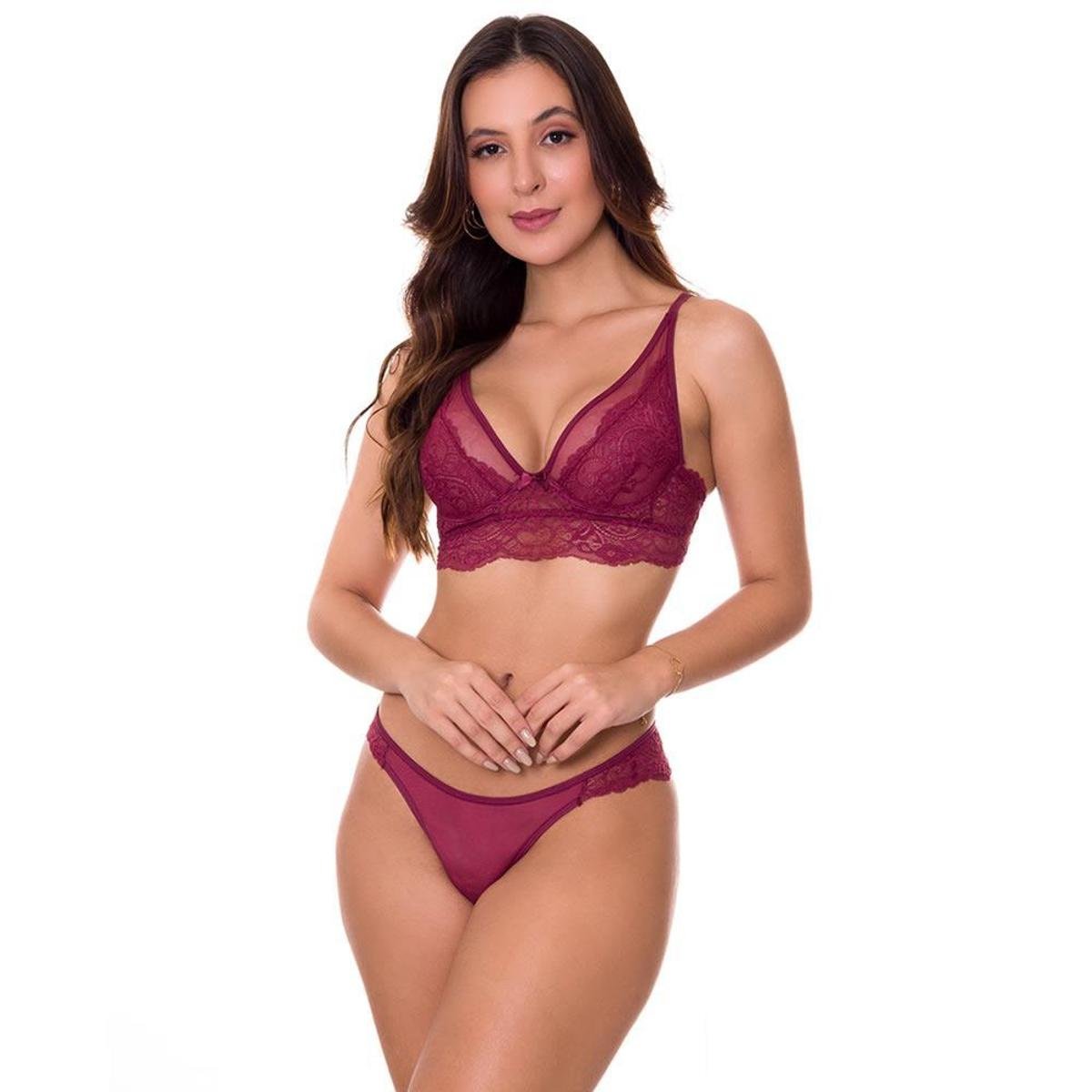 Conjunto de Lingerie Transparente em Tule e Renda Sem Bojo Estilo Sedutor - VC5036 Menor preço em Conjunto de Lingerie Transparente em Tule e Renda Sem Bojo Estilo Sedutor - VC5036